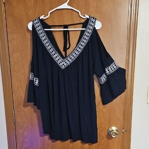 Simply Emma Navy Blouse with White Embroidery